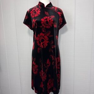 Vintage S.L. Fashions Black Red Floral Velvet Cheongsam Collared Midi Dress 14